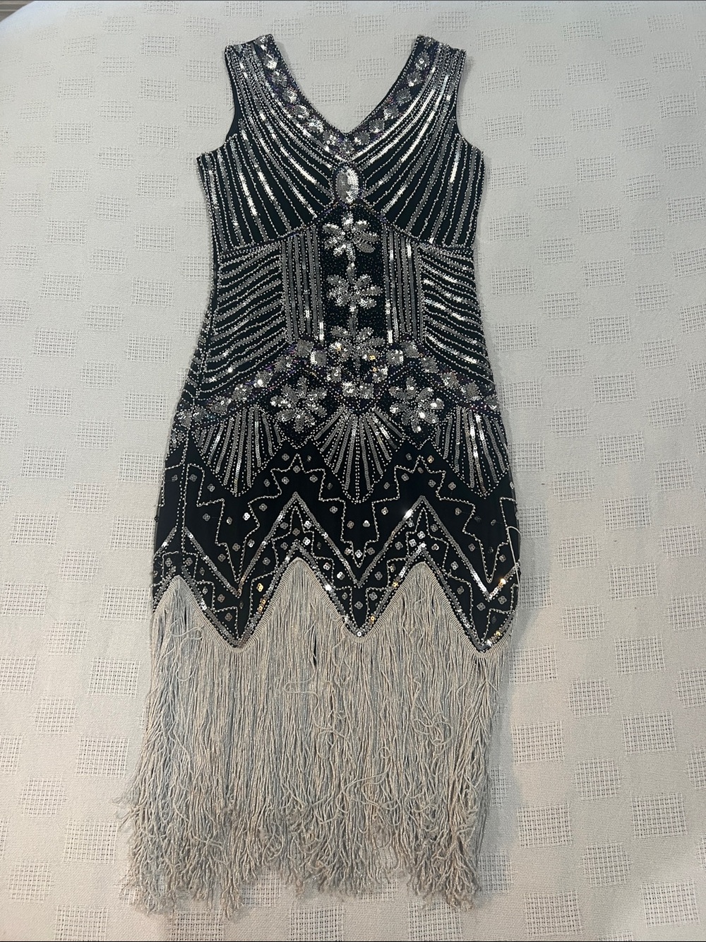 Black & Silver Beaded Fringe Flapper Dress